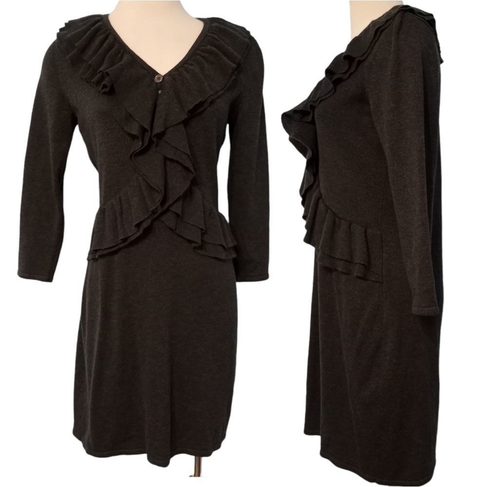 Calvin Klein Knit Dress Ruffled Neckline Trim Size Medium Charcoal Gray